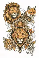 geometry with a lion at the top, an owl on the left and a fox on the right tattoo design idea