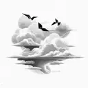clouds in the sky with doves and stairway tattoo design idea