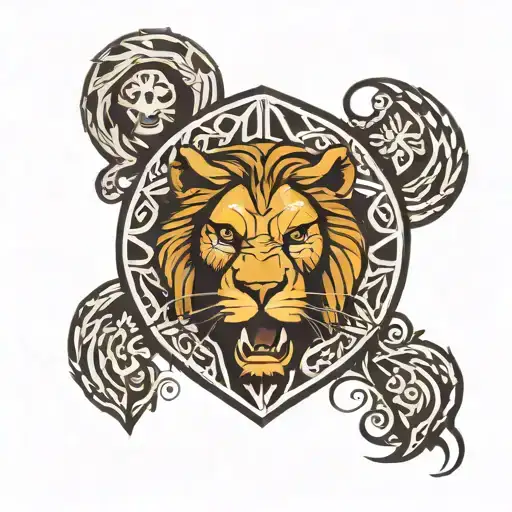 Tribal Lion with a shield behind tattoo design idea