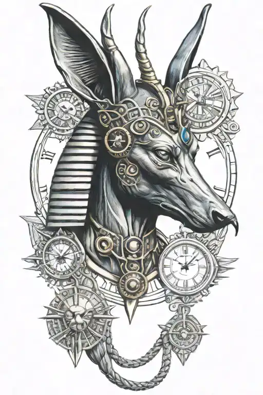 anubis with clock above eye of ra under  egyptian god tattoo design idea