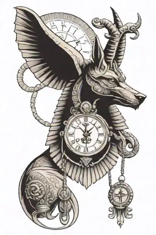 anubis with clock above eye of ra under  egyptian god tattoo design idea