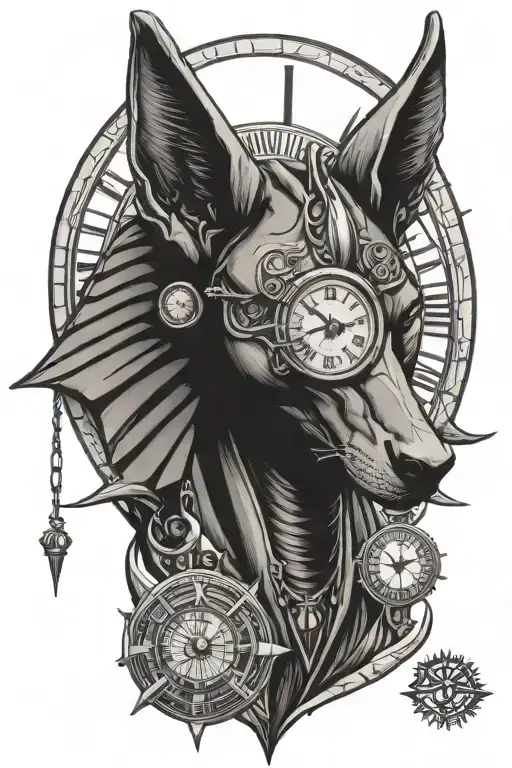 anubis with clock above eye of ra under  egyptian god tattoo design idea