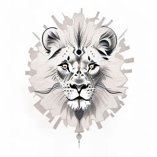 lion with cheetah merged together with one light brown and a dark brown eye, a clock with the time 8:15 tattoo design idea