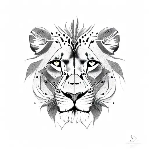 lion with cheetah merged together with one light brown and a dark brown eye, a clock with the time 8:15 tattoo design idea