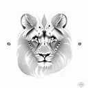 lion with cheetah merged together with one light brown and a dark brown eye, a clock with the time 8:15 tattoo design idea