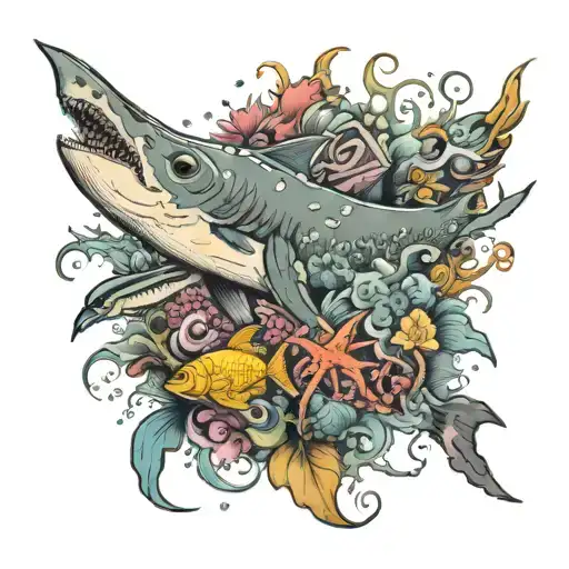 An intricate underwater scene featuring a shark, turtle, jellyfish, octopus, fish, and stingray all swimming together tattoo design idea