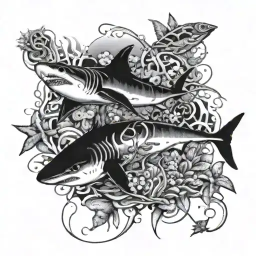An intricate underwater scene featuring a shark, turtle, jellyfish, octopus, fish, and stingray all swimming together tattoo design idea