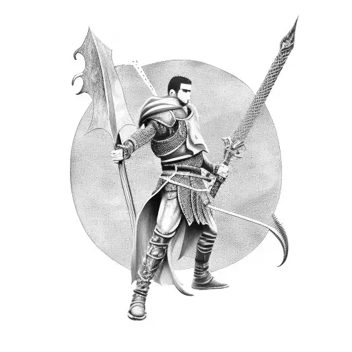 Black-grey illustration of Guts wielding the Dragon Slayer sword from Berserk tattoo design idea
