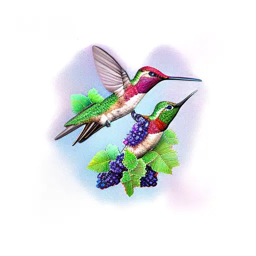 two hummingbirds with grape vines in the background  tattoo design idea