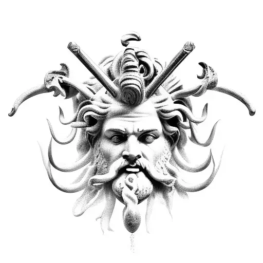 poseidon, god greek, with the trident on his hand, rising from the sea tattoo design idea