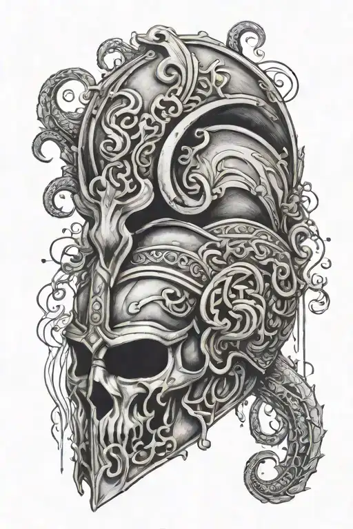 A tattoo design of a Viking helmet adorned with musical notes and Medusa snakes, surrounded by swirling waterfalls tattoo design idea