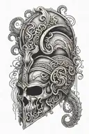 A tattoo design of a Viking helmet adorned with musical notes and Medusa snakes, surrounded by swirling waterfalls tattoo design idea