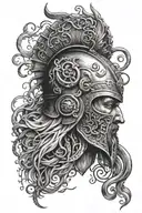 A tattoo design of a Viking helmet adorned with musical notes and Medusa snakes, surrounded by swirling waterfalls tattoo design idea