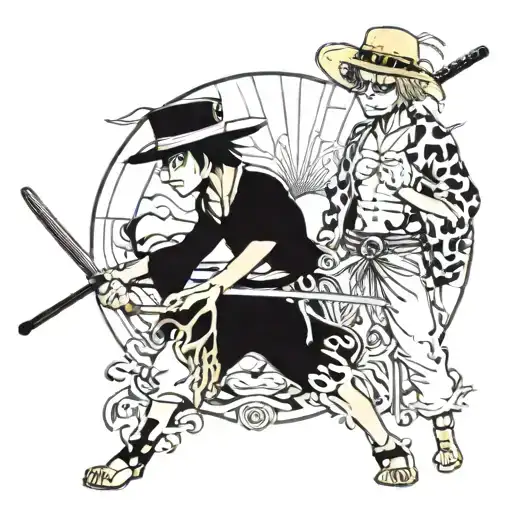 A dynamic scene featuring Luffy, Sanji, and Zoro from One Piece battling together, with a background of the Straw Hat Pirates flag tattoo design idea
