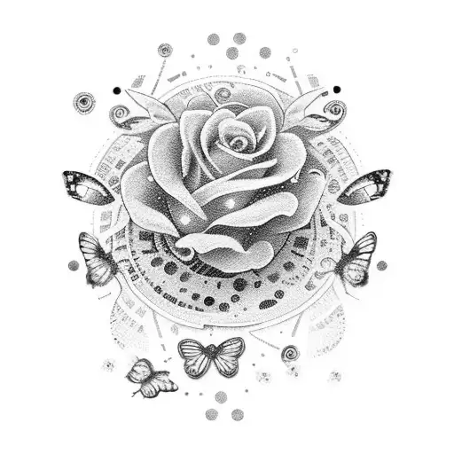 A dotwork tattoo of a cash register with flowers and butterflies incorporated into the design tattoo design idea