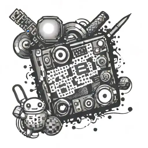 A dotwork tattoo of a pixelated Blink 182 logo with gaming elements surrounding it, representing the client's favorite band and hobby tattoo design idea