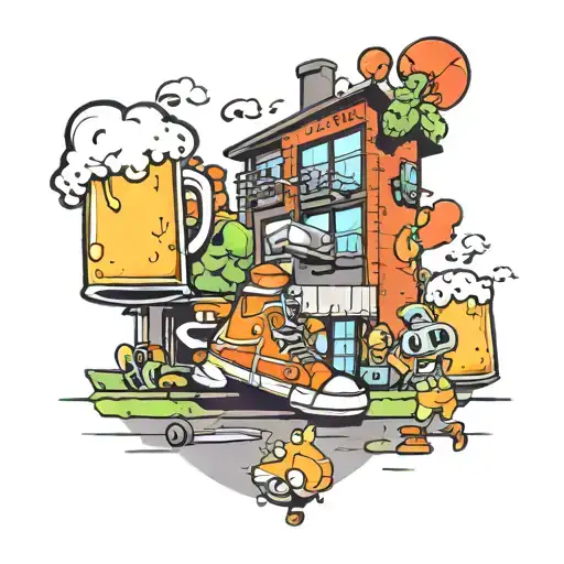 A new-school tattoo design featuring a manufacturing plant transformed into a retro-themed Nickelodeon studio, with 90s-inspired elements like beer and friends hanging out with pigeons tattoo design idea