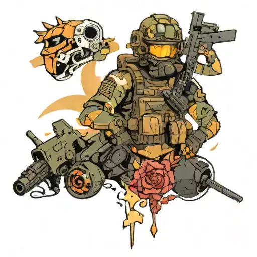A tattoo featuring a mashup of characters from your favorite series and Counter-Strike in a neotraditional style tattoo design idea