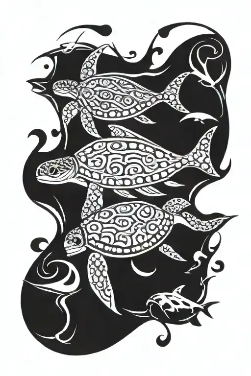 tribal sea turtle and shark coming together tattoo design idea