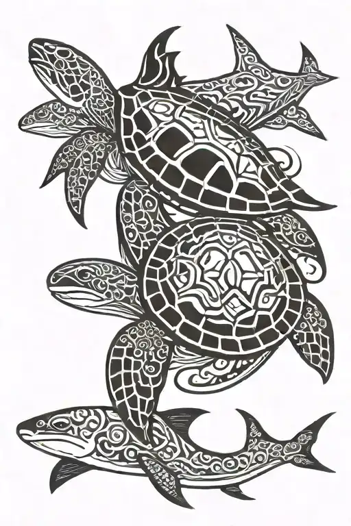 tribal sea turtle and shark coming together to form tattoo design idea