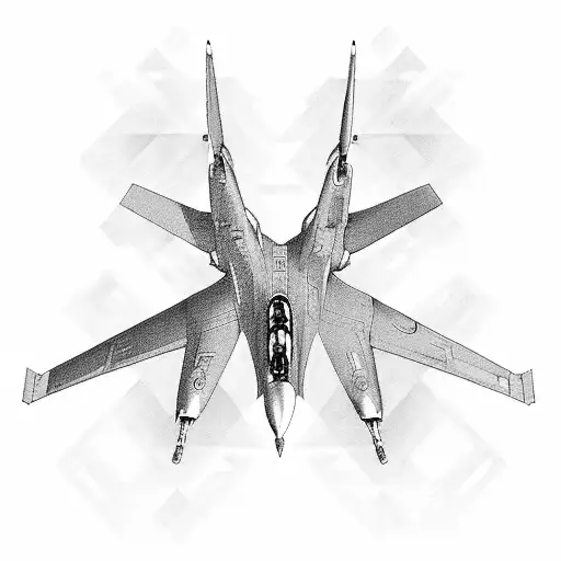 fighter jet top veiw half schematic half real life tattoo design idea