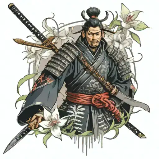 A samurai warrior in traditional Japanese armor holding a katana, surrounded by spider lilies, with elements of Russian culture incorporated into the design tattoo design idea