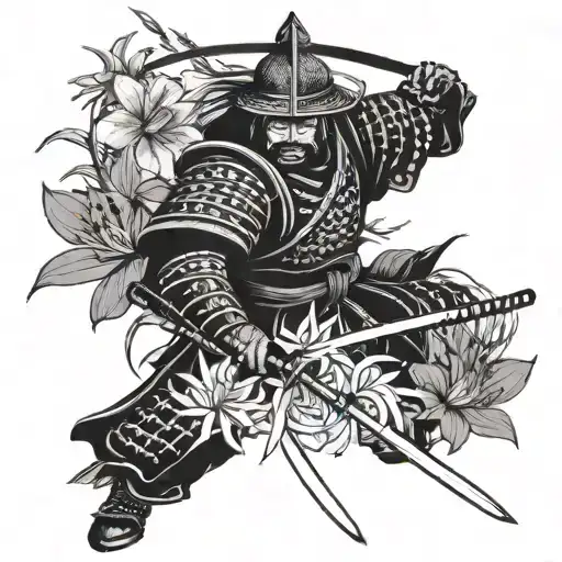 A samurai warrior in traditional Japanese armor holding a katana, surrounded by spider lilies, with elements of Russian culture incorporated into the design tattoo design idea