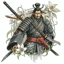 A samurai warrior in traditional Japanese armor holding a katana, surrounded by spider lilies, with elements of Russian culture incorporated into the design tattoo design idea