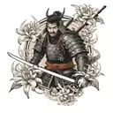 A samurai warrior in traditional Japanese armor holding a katana, surrounded by spider lilies, with elements of Russian culture incorporated into the design tattoo design idea