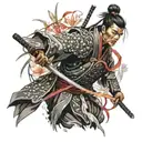 A samurai warrior in traditional Japanese armor holding a katana, surrounded by spider lilies, with elements of Russian culture incorporated into the design tattoo design idea