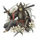 A samurai warrior in traditional Japanese armor holding a katana, surrounded by spider lilies, with elements of Russian culture incorporated into the design tattoo design idea