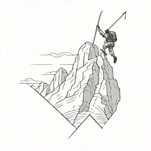 A sketch tattoo of a climber reaching the summit of a mountain, with sharp angular lines emphasizing the height tattoo design idea
