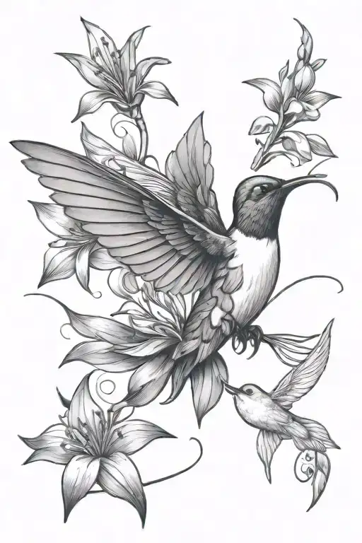 lilys leaf intertwined hummingbird hovering tattoo design idea