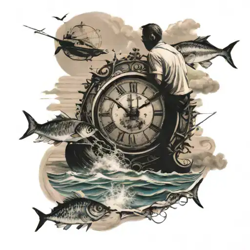 clock set to 12:26 over the ocean with a father and son fishing in a boat tattoo design idea