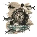 clock set to 12:26 over the ocean with a father and son fishing in a boat tattoo design idea