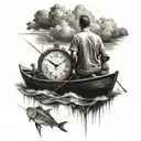 clock set to 12:26 over the ocean with a father and son fishing in a boat tattoo design idea