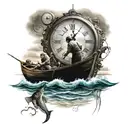 clock set to 12:26 over the ocean with a father and son fishing in a boat tattoo design idea