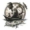 clock set to 12:26 over the ocean with a father and son fishing in a boat tattoo design idea