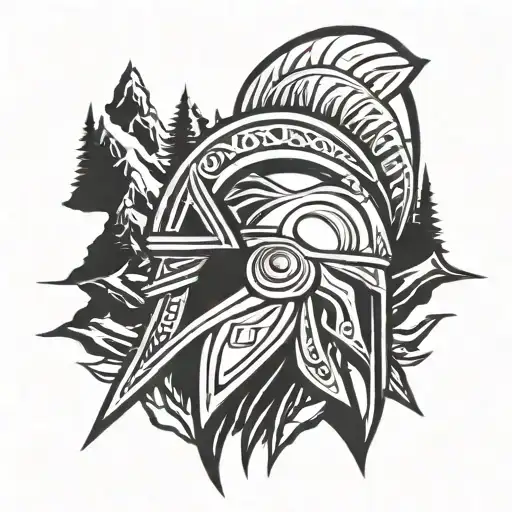 spartan helmet mountain outline tattoo design idea