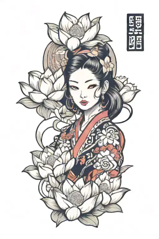 Japanese type female face with lotus flowers tattoo design idea