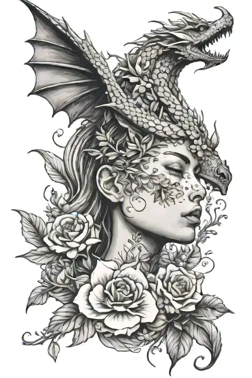 female face with a dragon and flowers tattoo design idea