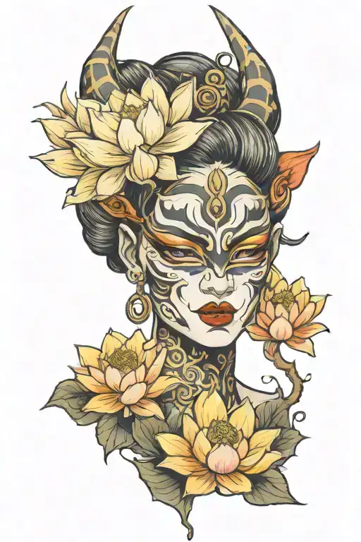 female face with oni mask and lotus flowers tattoo design idea
