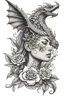 female face with a dragon and flowers tattoo design idea
