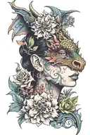 female face with a dragon and flowers tattoo design idea
