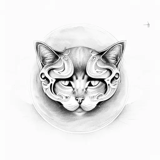 cat with half a skull body and half a normal body forming the ying yang symbol tattoo design idea