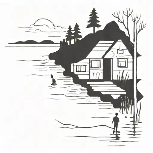 cabin in the woods on the lake tattoo design idea