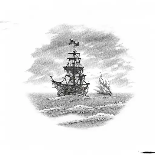 Ship burning in background in sea with a beach and a sign that says burn the ships tattoo design idea