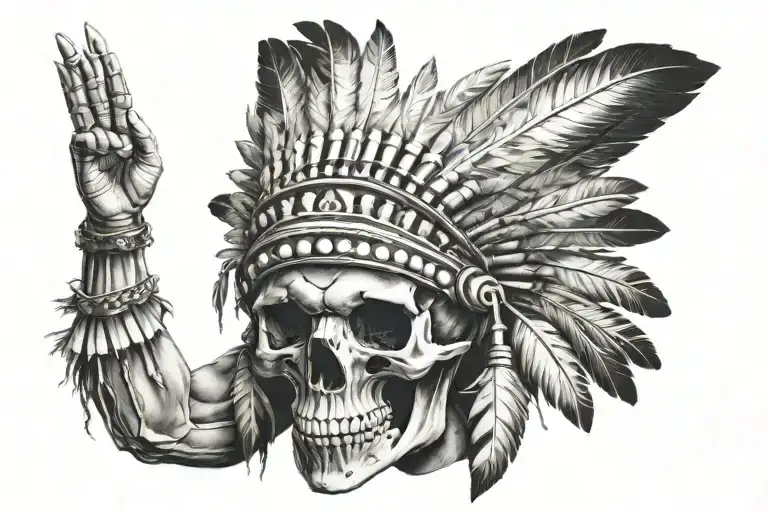skull wearing a native American head dress extended arm reaching tattoo design idea