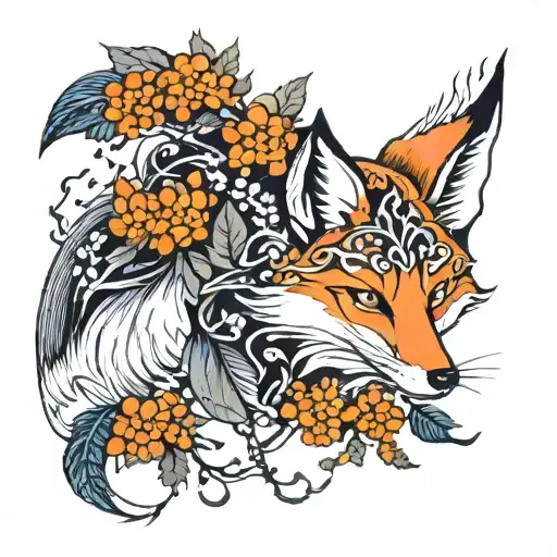abstract fox and Rowan tree leaf  tattoo design idea