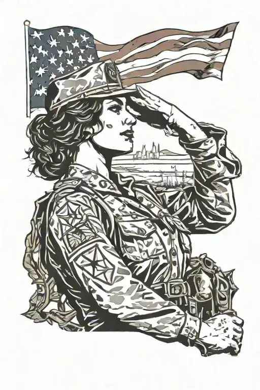 modern female soldier saluting tattoo design idea
